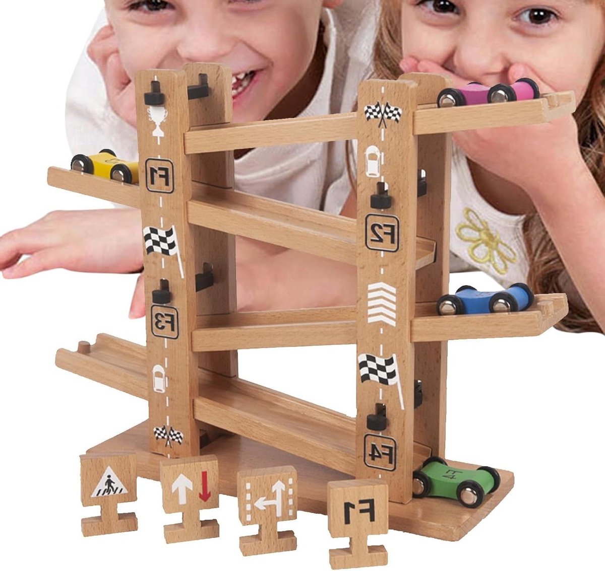 Houten racebaan - Autobaan speelgoed - Kindontwikkeling stimuleren - Meerlaags ontwerp - 24.5 cm breed - Houtkleurig