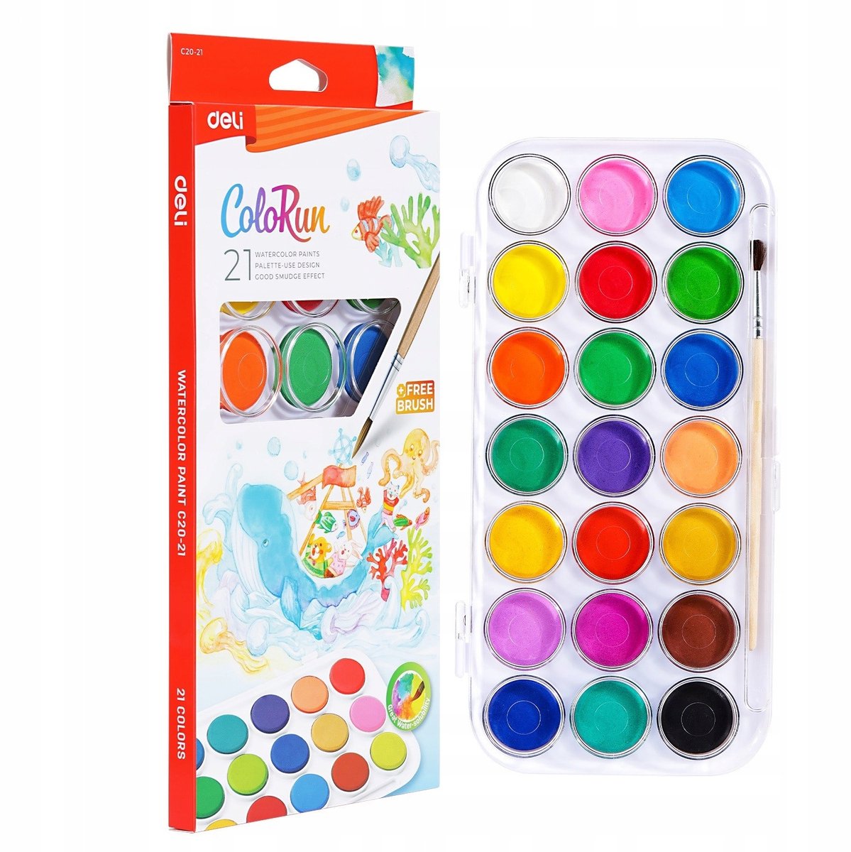 Deli ColoRun Aquarelset - 21 Levendige Kleuren + Kwast