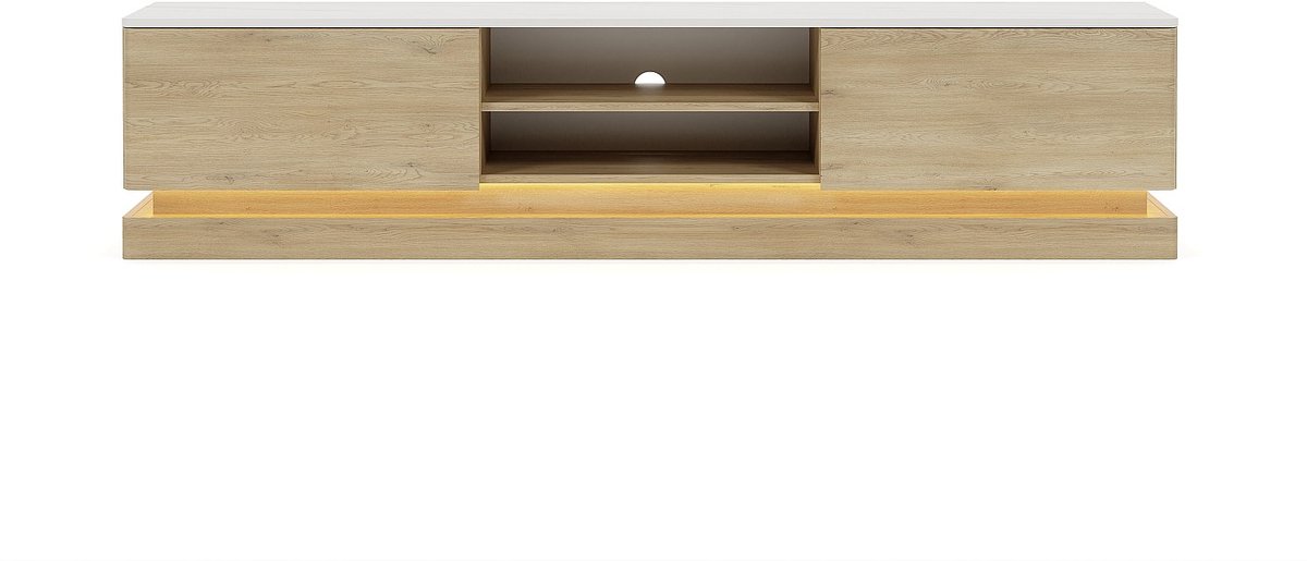 Vente-unique Tv-meubel 2 lades en 2 nissen met leds in MDF - Licht naturel en wit marmereffect - DEVIKA Natuurlijk licht, Wit