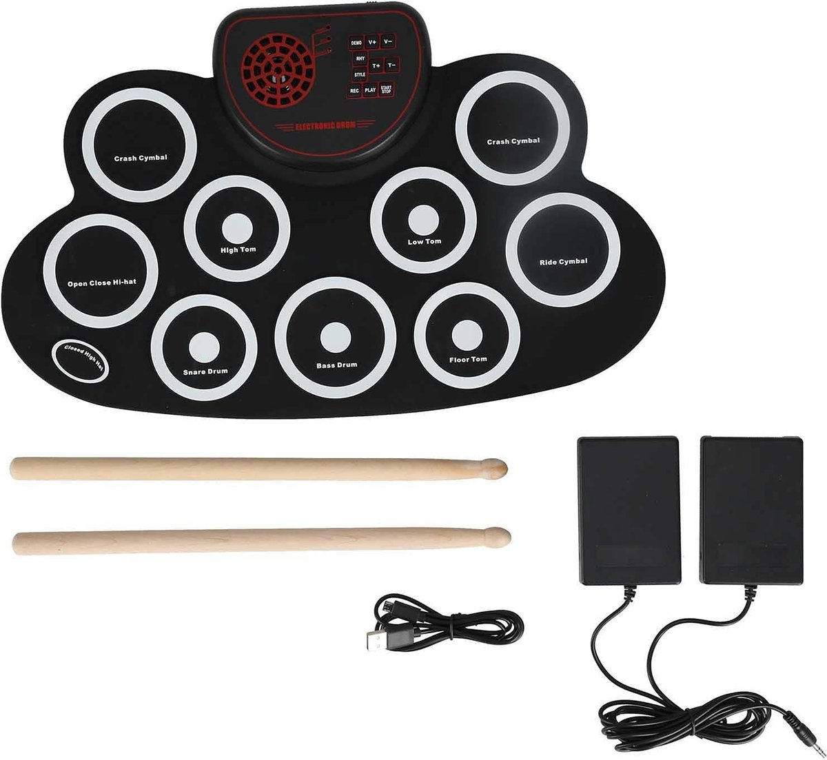 Dailygoods - Oprolbare Drumset met 9 Pads, Inclusief Stokken en Pedalen