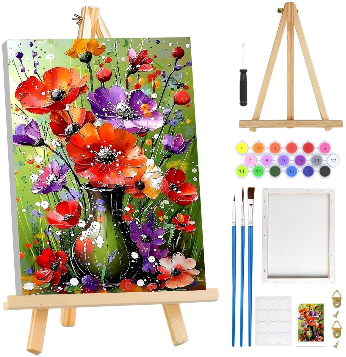 BRENZOOS- Schilderkit voor Beginners - Verf op Nummer - Voorbedrukt Canvas - Houten Ezel - 3 Penselen - Acrylverf Set