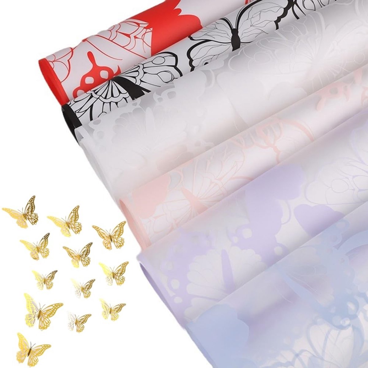 BRENZOOS- Inpakpapier 30 Vellen Waterdicht - Bloemeninpakpapier - Cadeaupapier - Inpakpapier Verjaardag - Inpakpapier Huwelijk - Inclusief 12 Gouden Vlinders - Cadeaupapierset