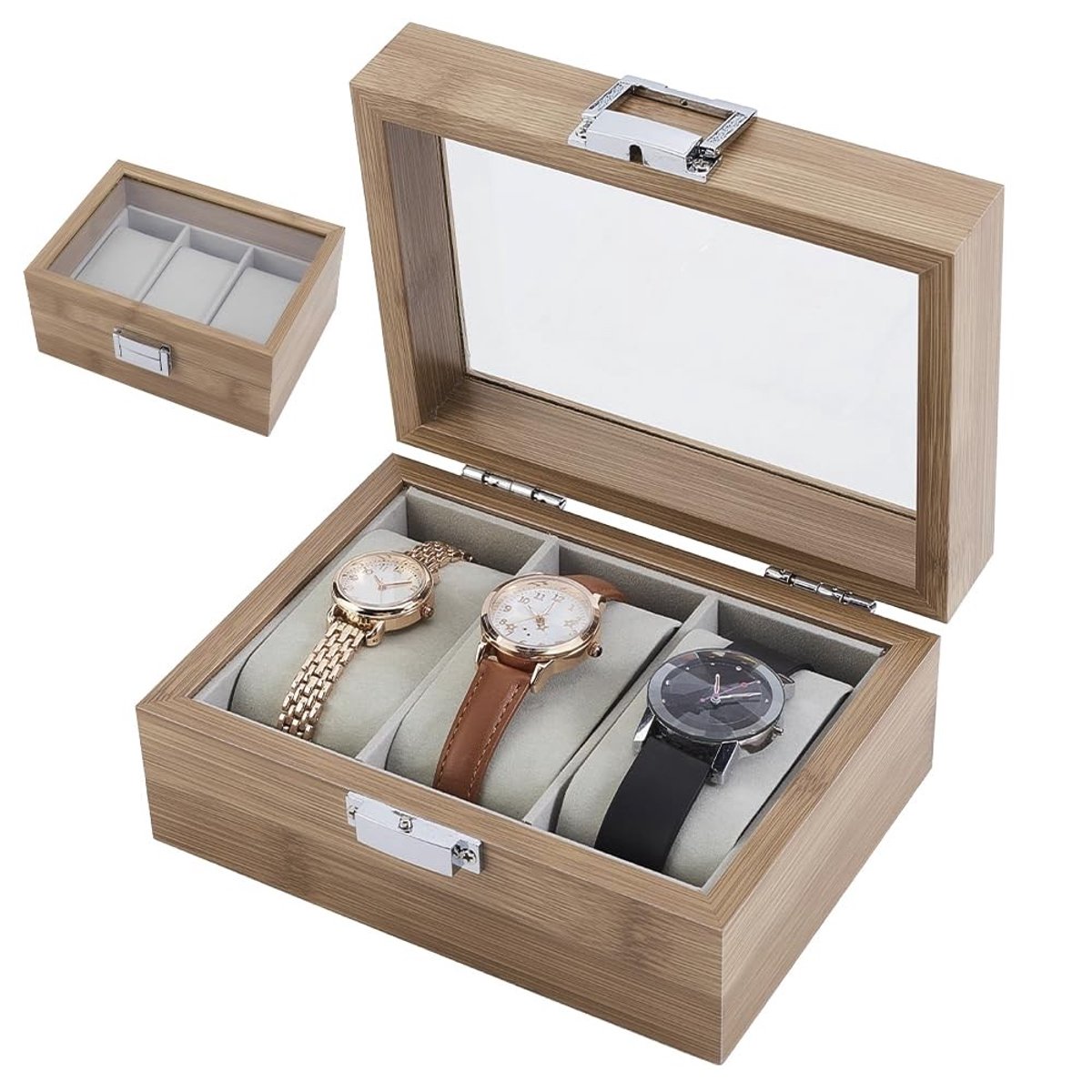 BRENZOOS- Horloge Box 3-Slot Houten Display - Horloge Houder - Organizer - Vintage Stijl - Helder Glas Venster - Fluwelen Kussen - Horlogehouder