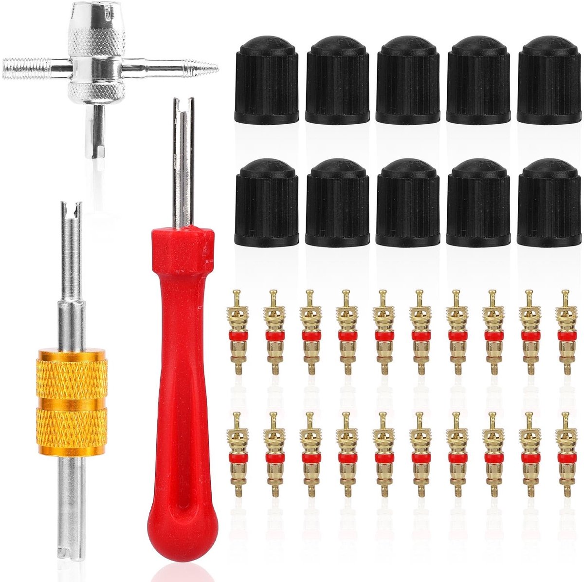 Dailygoods- Ventielset 33-delig - 4-in-1 Sleutel - Ventielkernen 20 stuks - Ventieldoppen 10 stuks - Ergonomisch ontwerp - Antislip handgrepen - Bandenreparatieset