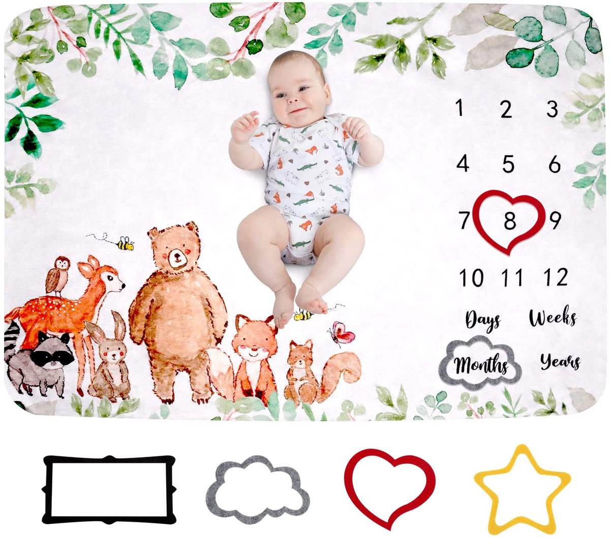 Dailygoods- Mijlpaaldeken Gepersonaliseerd - Baby Dekentje - Veilig Katoen - 130 x 100 cm - Geslachtneutraal Design - Maandelijkse Groei - Babydeken