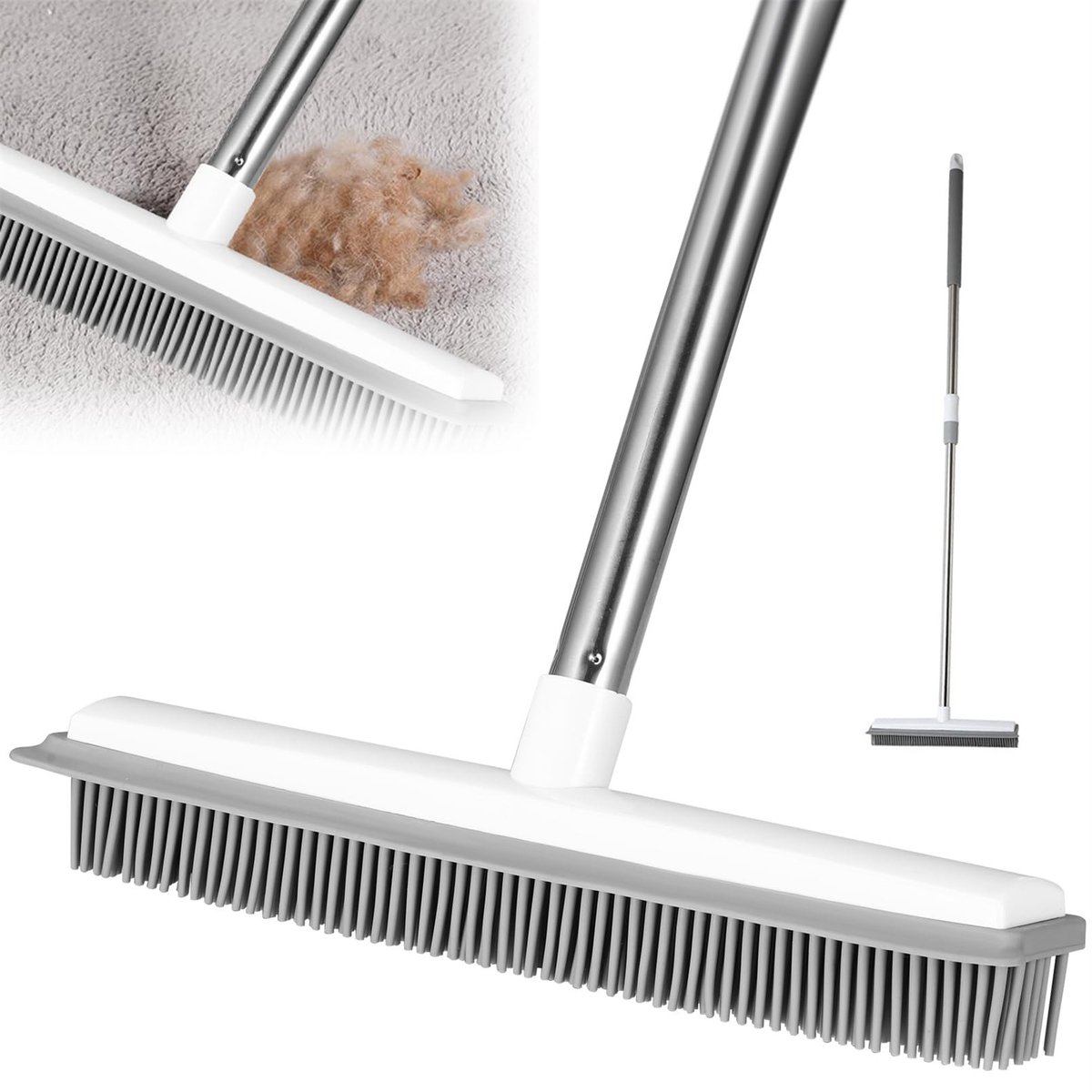 Dailygoods - Huisdierenontharing - Rubber bezem - Verstelbare lange steel - Grijs - Tapijtborstel - Vloerborstel voor hardhouten vloer - Geschikt voor...