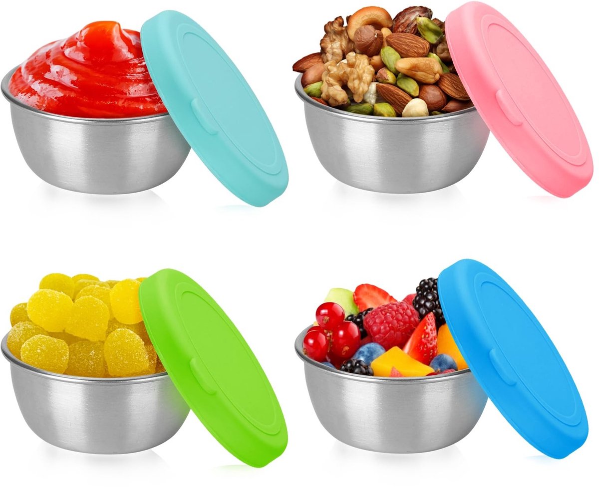 Dailygoods- Saushouder 50 ml - Voedselcontainer - Roestvrij staal - Siliconen deksel - 4 stuks - Luchtdicht en eenvoudig te openen