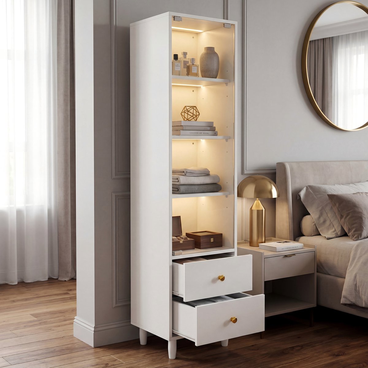 HAUSS SPOLE Vitrinekast - Met Led Verlichting En Glazen Deur - 2 Laden Voor Woonkamer En Werkkamer - MDF En Glas - 165x40x35 Cm Wit