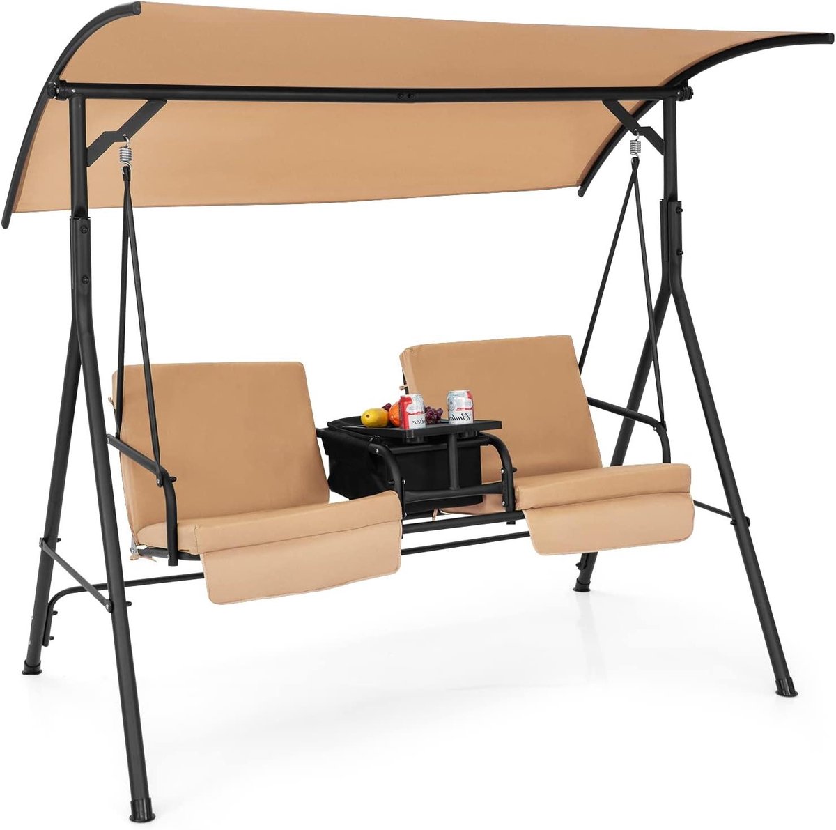 Schommelbank met koeltas - Terrasschommel tuinbank - Ontspannen buiten zitten - Verstelbare luifel koeler - 181 x 124 cm - Bruin