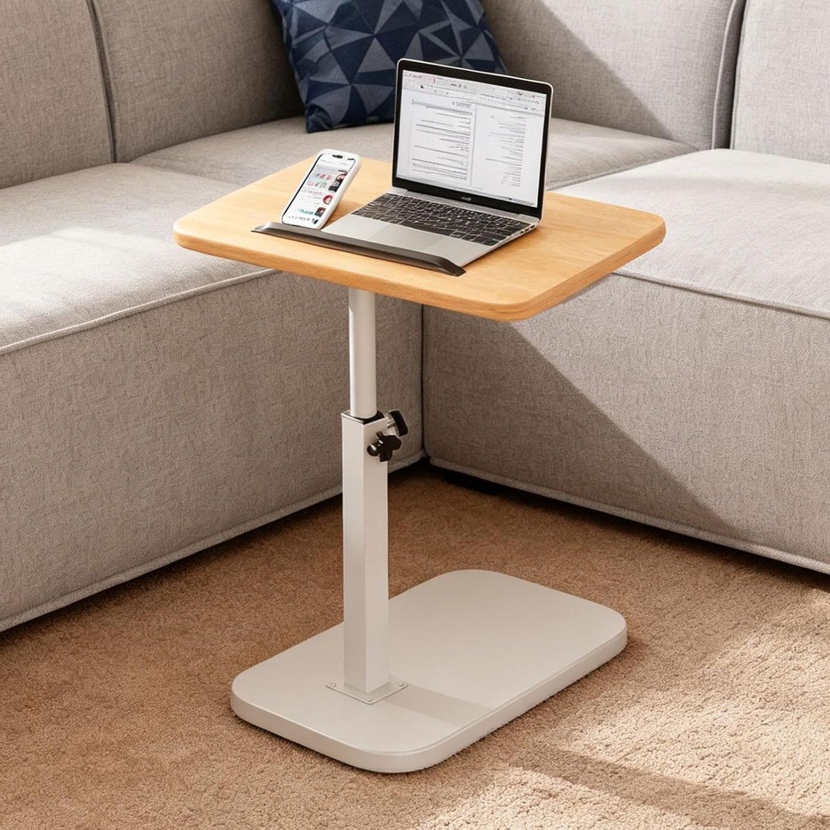 C-vormige bijzettafel - Draaibaar tafelblad - Flexibel werken - 360° draaibaar - 45-80 cm hoogte - Ruig hout
