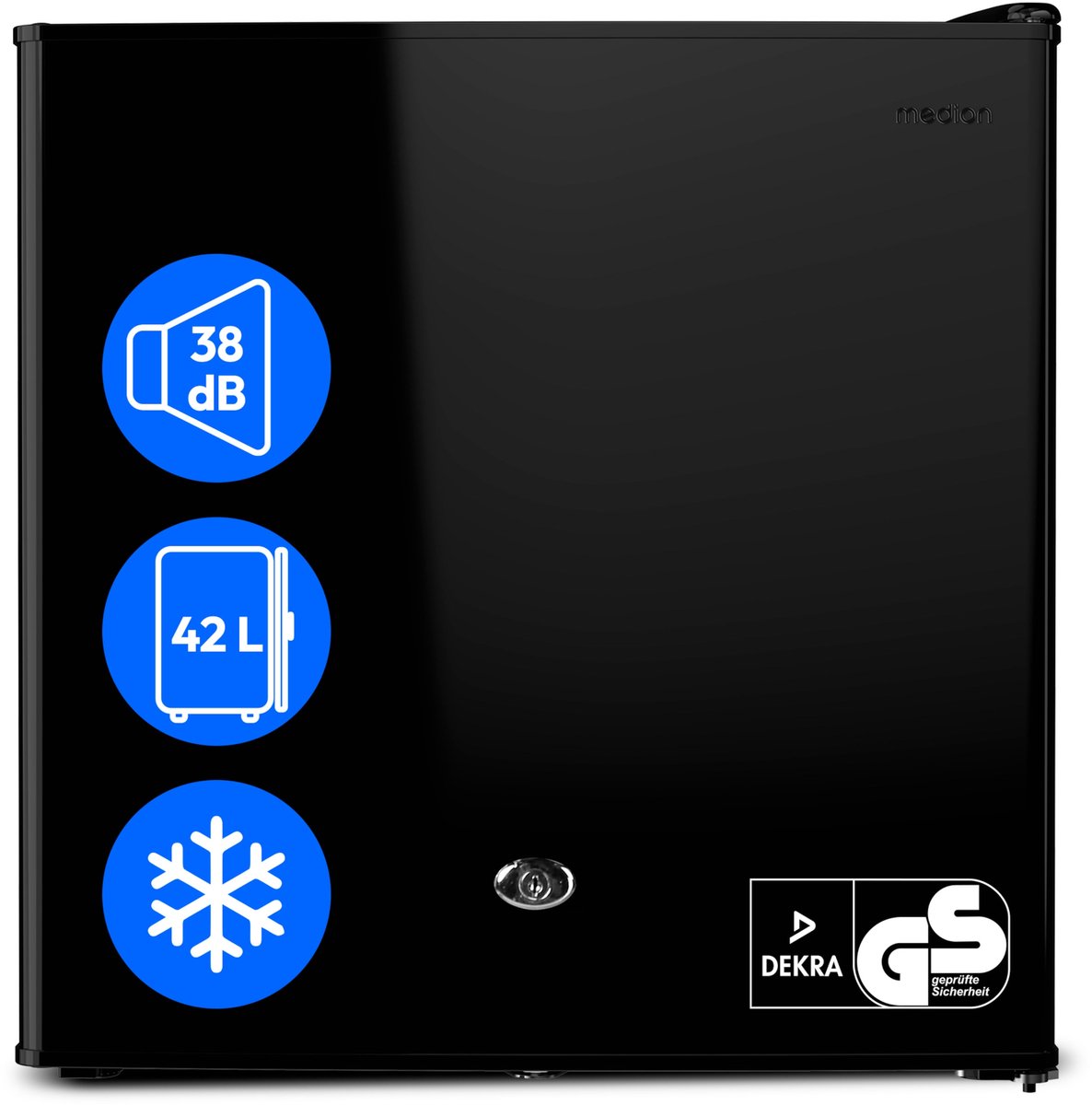 MEDION Mini koelkast met slot en vriesvak 42 L stille kleine koelkast voor kantoor hotel minibar camping gaming drank voedsel ijs deur omkeerbaar MD 370001 zwart