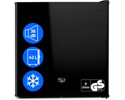 MEDION Mini koelkast met slot en vriesvak 42 L, stille kleine koelkast voor kantoor hotel minibar camping gaming, drank voedsel ijs, deur omkeerbaar, MD 370001 zwart