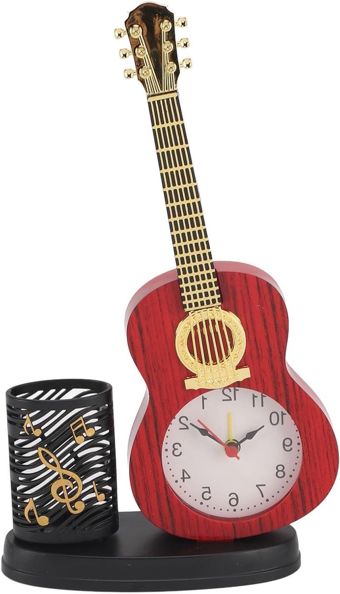 Multifunctionele Gitaarklok met Pennenhouder en Puntenslijper voor Studentenbureau, Perfect voor Muziekliefhebbers en Creatieve Decoratie