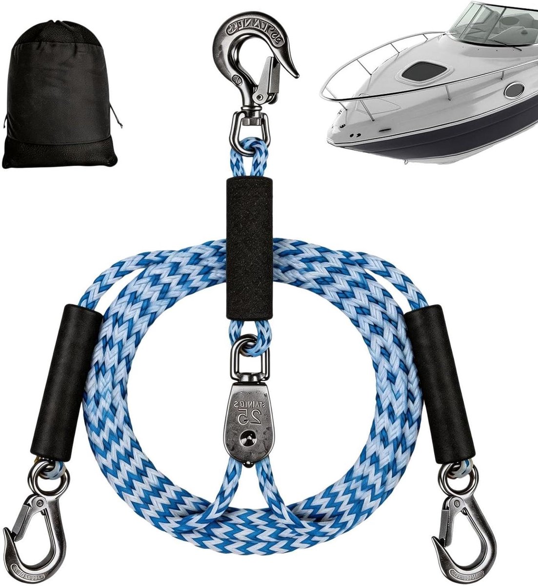 Boot Sleeptouw - Watersport Touw - Waterskiën Tubing - 360 Graden Rotatie - 2.4 Meter - Blauw Wit