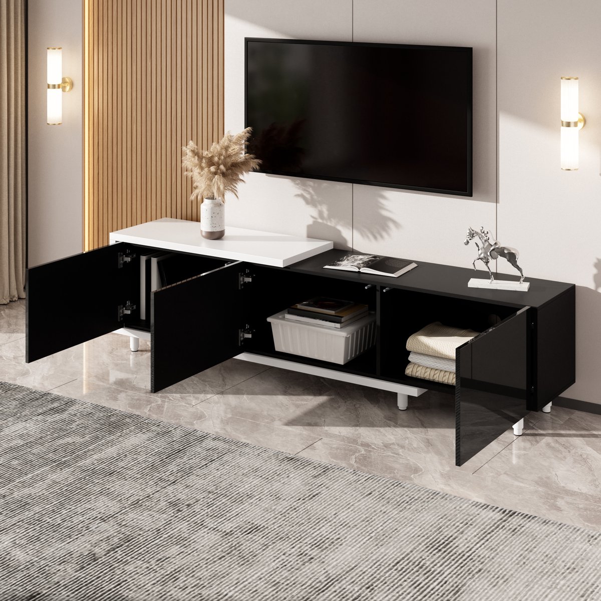 STILVORA Tv-Meubel - Uitschuifbaar Met 3 Hoogglans Deuren - Moderne Opbergruimte Voor Woonkamer - MDF En Spaanplaat - 258x38x48,5 Cm Zwart Wit