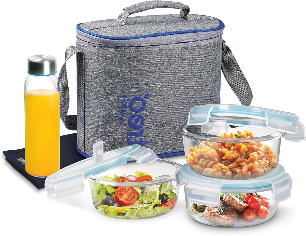 Glazen Tiffin Set - Voedselcontainers - Lunch Meenemen - Oven & Magnetron Veilig - 5 Delig - Transparant