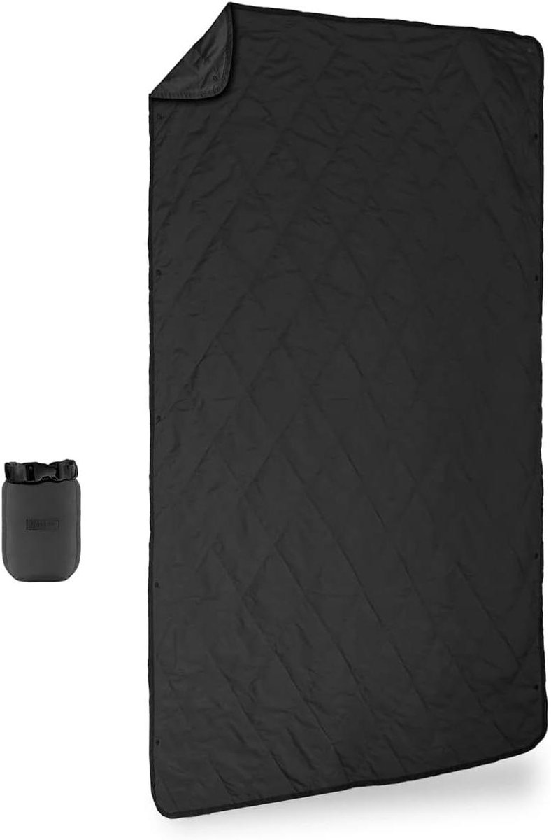 Outdoor deken - Reisdeken Puffy - Kamperen wandelen - Handsfree snaps - Ultralicht 8oz - Zwart