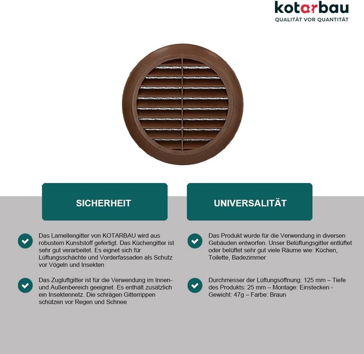 Ventilatierooster Rond - Insectenwerend Rooster - Ventilatie Afvoer - Met Insectennet - 125 mm - Bruin