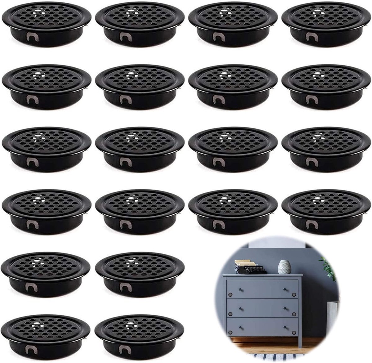 Ventilatierooster Kast - Rond Rooster - Ventilatie Verbeteren - Honingraatpatroon - 35 mm - Zwart