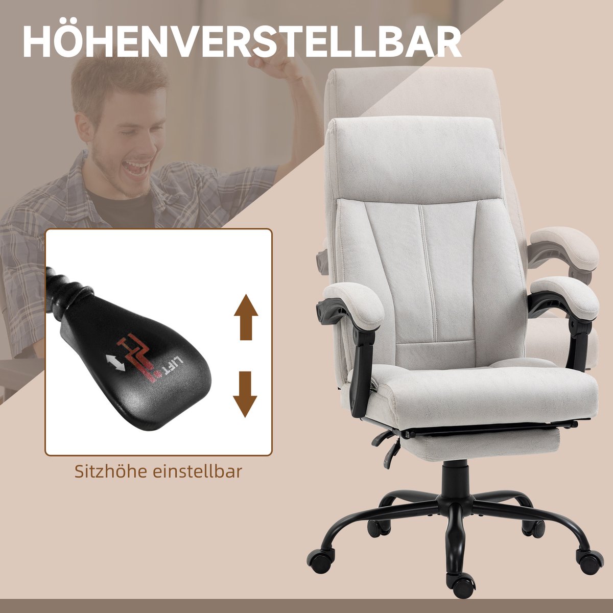 MIVRAY Bureaustoel Met Massagefunctie En Lendenverwarming - Ergonomische Relaxstoel Voor Bureau En Thuiswerk - Lichtgrijs - Polyester – foto 8