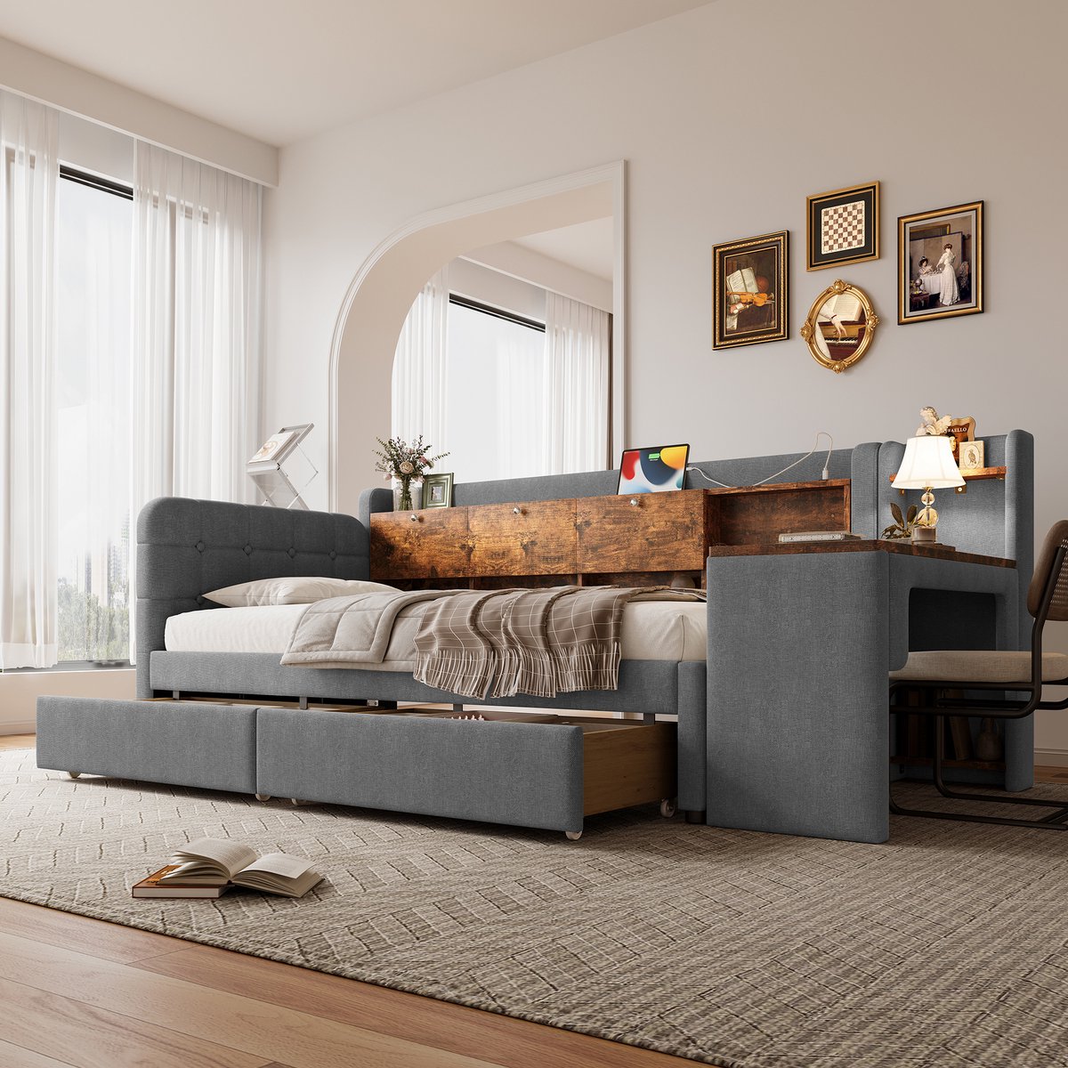 DESMIU Dagbed 90x200 cm – Slaapbank Met Opklapbare Opbergruimte – Bureau Links Of Rechts Plaatsbaar – Met 2 Lades – Voor Slaapkamer Of Werkkamer – Linnenlook – Grijs – Zonder Matras
