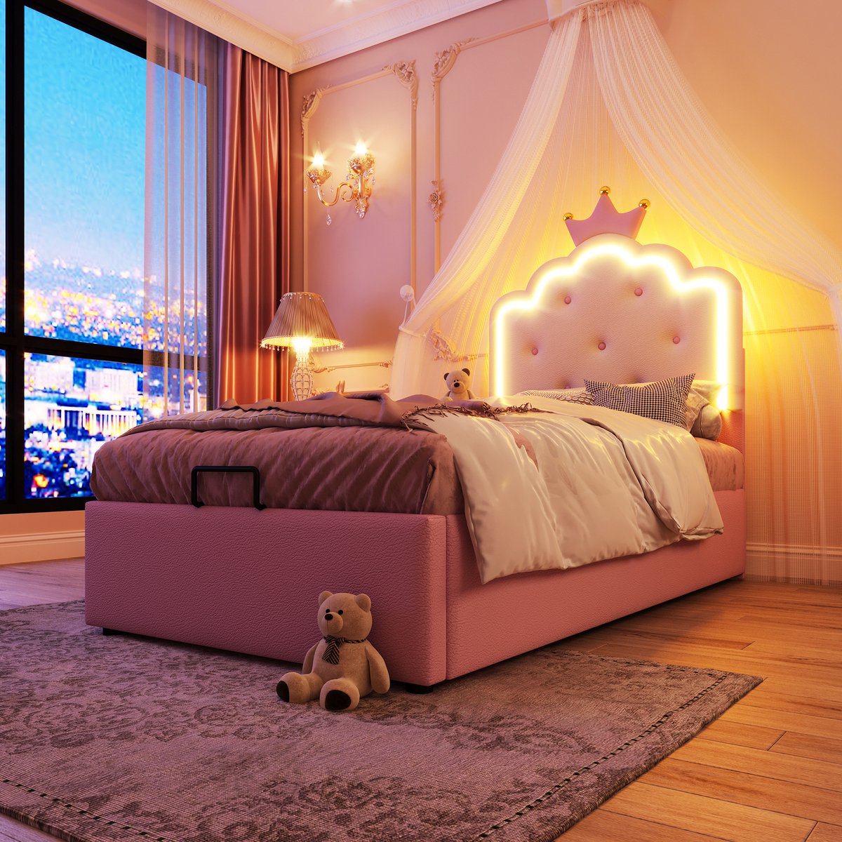 DESMIU Gestoffeerd Kinderbed 90 x 200 cm Zonder Matras Koninklijke Prinsessenstijl Met LED Sfeerverlichting Hydraulische Opbergruimte PU Roze