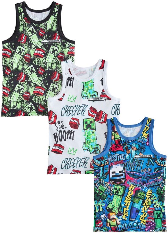 Set van 3 Minecraft hemdjes: zwart, wit en blauw, met diverse prints.