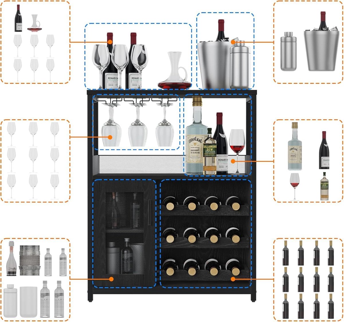 Triumpunpre Wijnkast - Vrijstaande Bar Kast met Wijnrek voor 16 Flessen, Glashouder en Mesh Deur - 72x35x90 cm - Wijnkabinet met Verstelbare Schappen - Retro Stijl Wijnmeubel voor Woonkamer, Keuken, Eetkamer – foto 5