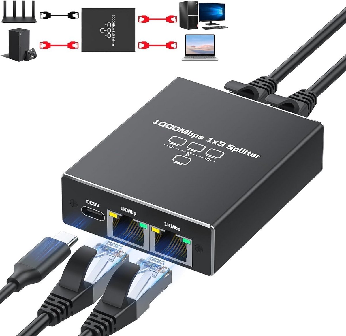 Netwerk Splitter - Ethernet Hub - Netwerk Uitbreiden - 1 tot 3 Poorten - 1000 Mbps - Zwart