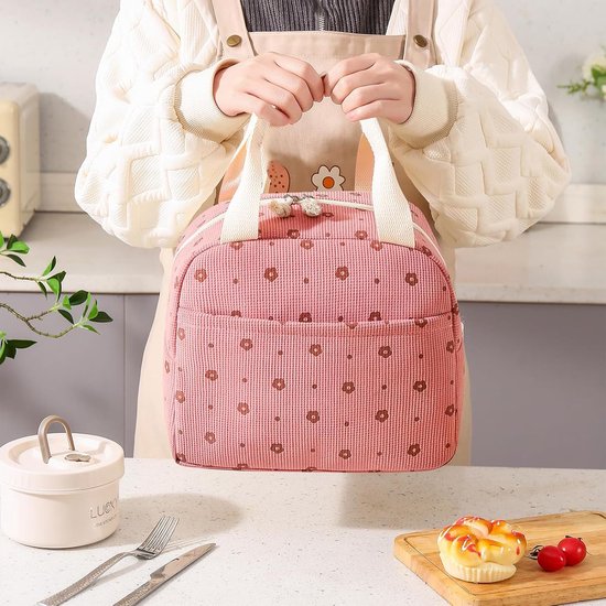 Lunchtas - Koeltas Onderweg - Maaltijd Bewaren - Geïsoleerde Voering - 10 Liter - Roze Bloemen — afbeelding 3