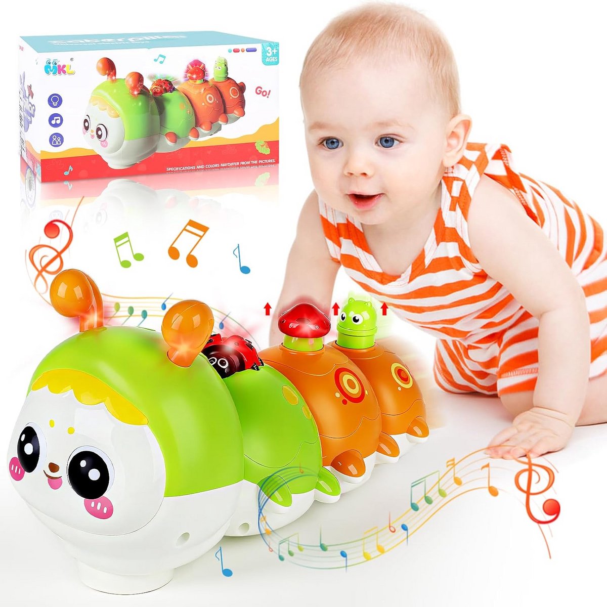 Muzikale rups - Babyspeelgoed kruipend - Zintuiglijke ontwikkeling - Automatisch bewegend - 235 cm - Multicolor