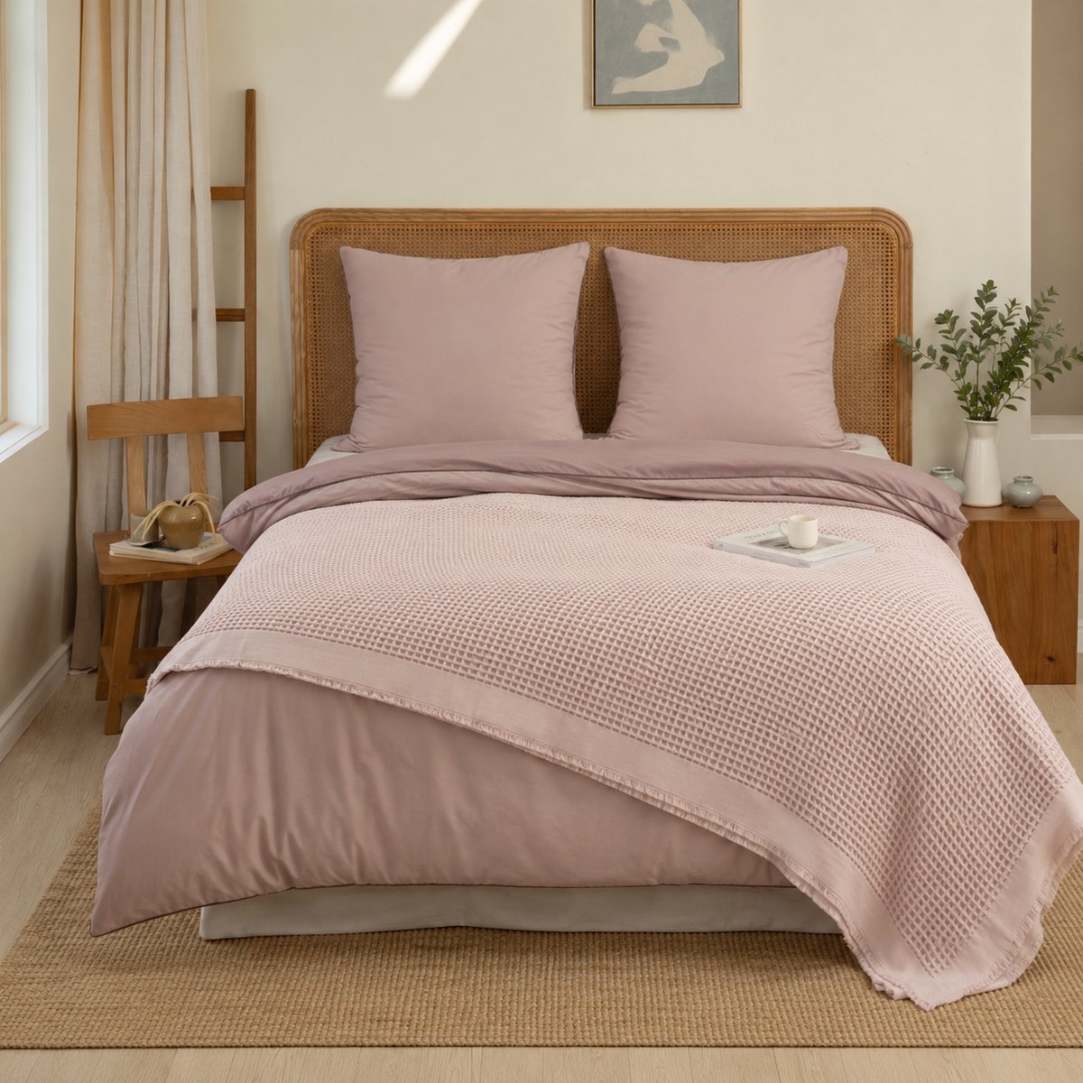 L&G - %100 Katoen Bedsprei 220 x 240 cm – Wafel Sprei - Plaid – quilt - WafelDeken - 2-Persoons Bedsprei - Optimus Rose