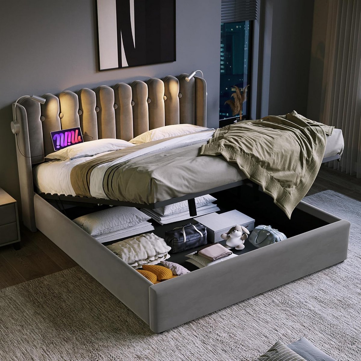 Gestoffeerd Bed - Ladenkast Bed - Slaapkamer Opbergen - Met Leeslamp - 140 x 200 cm - Grij