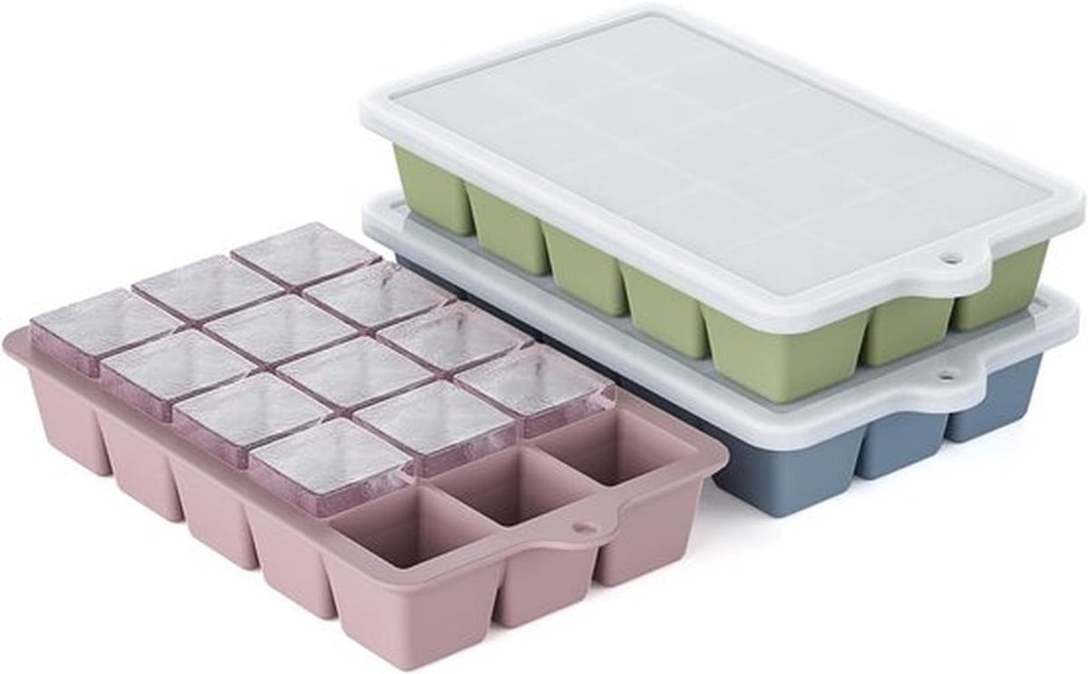 Siliconen ijsblokjesvorm 3-pack, ijsblokjesvorm, ijsblokjesvormen voor vriezer met deksel voor whisky, babyvoeding, BPA-vrij, gemakkelijk los te maken