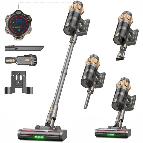 Cleanova Steelstofzuiger draadloos - 45000PA - 500W - 60 minuten - Display - kruimeldief - zonder zak - Groen verlichting - muurbevestiging