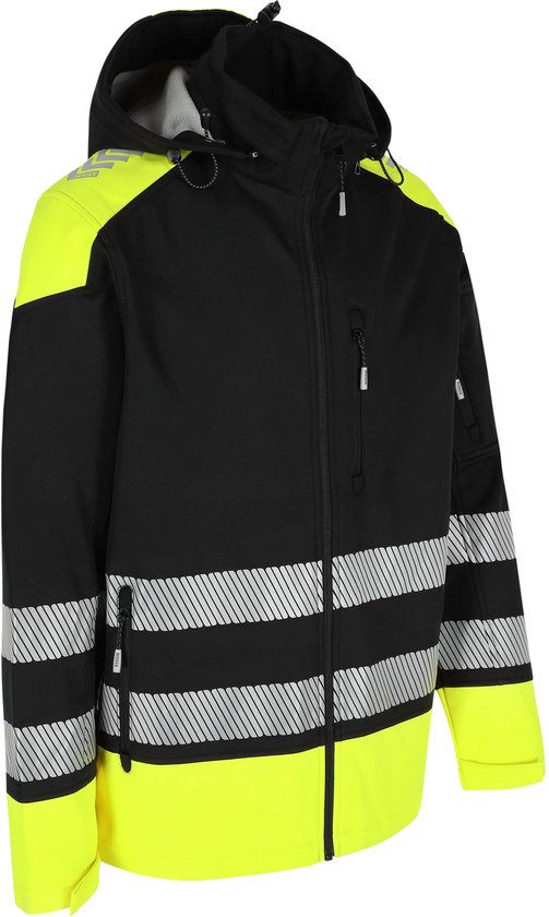 Veste noire avec accents jaune fluo et bandes réfléchissantes sur les manches et le bas.