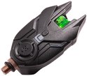 Zwarte vis beetmelder met blauwe en groene LED-lampjes en koperen schroefdraad onderaan.