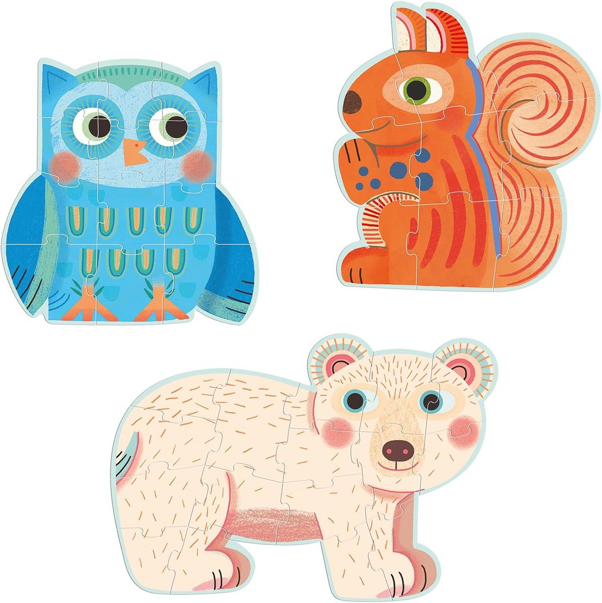 Puzzel Set - Kinderspellen - Ontwikkeling Stimuleren - Recycled Karton - 3 Stuks - Bos Dieren