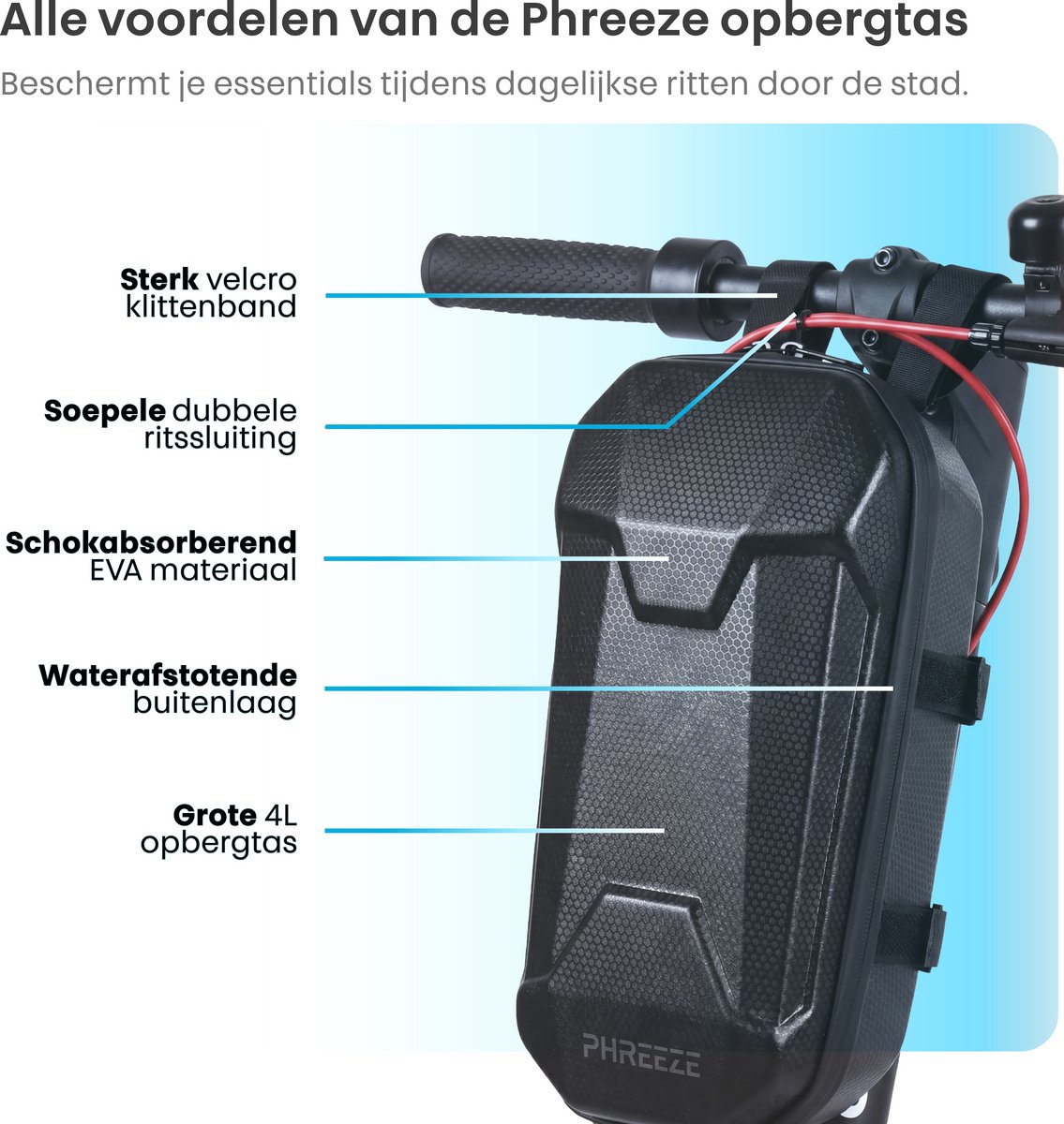 Phreeze Stuurtas Elektrische Step 4L - Groot & Schokbestendig - Waterdichte Opbergtas met 3 Vakken - Frametas - Opbergtas Fietsframe - Handlebar Bag geschikt voor Xiaomi, Segway, Ninebot Fiets & E-Scooter – foto 2