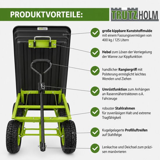 Tuinwagen met kiepfunctie 400kg 125 L met dissel voor zitmaaier Quad of handgreep — afbeelding 4