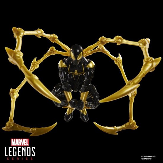 Zittend Iron Spider actiefiguur in zwart en goud met vier gele robotarmen gespreid.