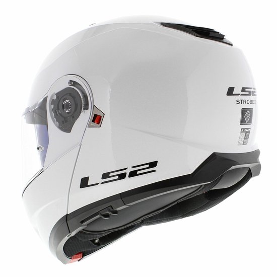 Casque modulable blanc LS2, vue arrière latérale. Logo LS2 noir et 'Strobe II' à l'arrière.