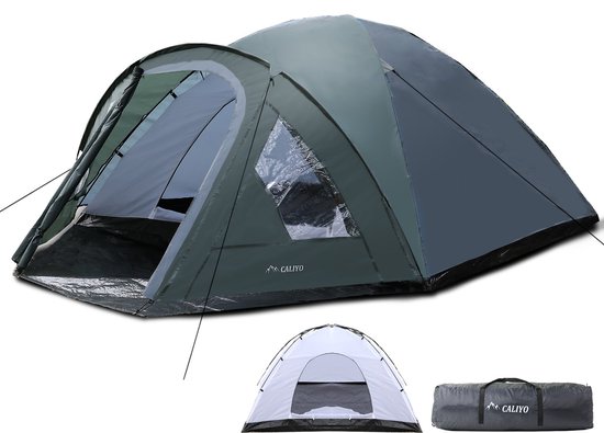 Een donkergroene CALIYO koepeltent, deels open met een witte binnenkant, met een gesloten tent en draagtas ernaast.