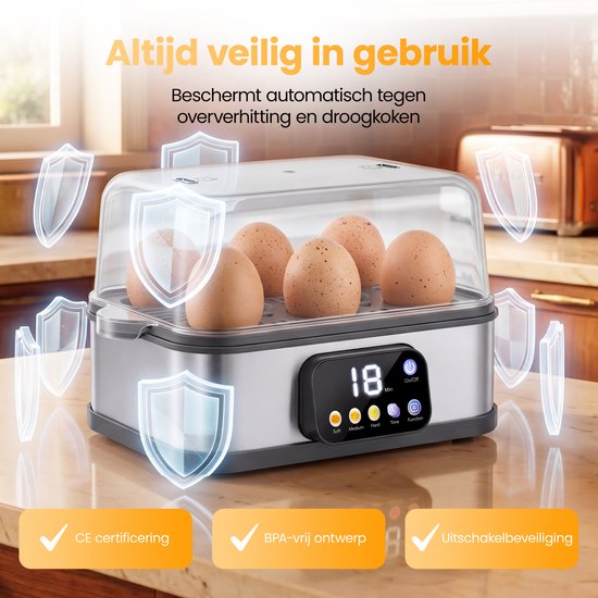 Zilverkleurige eierkoker met 6 bruine eieren, beschermende schilden en een digitaal display.