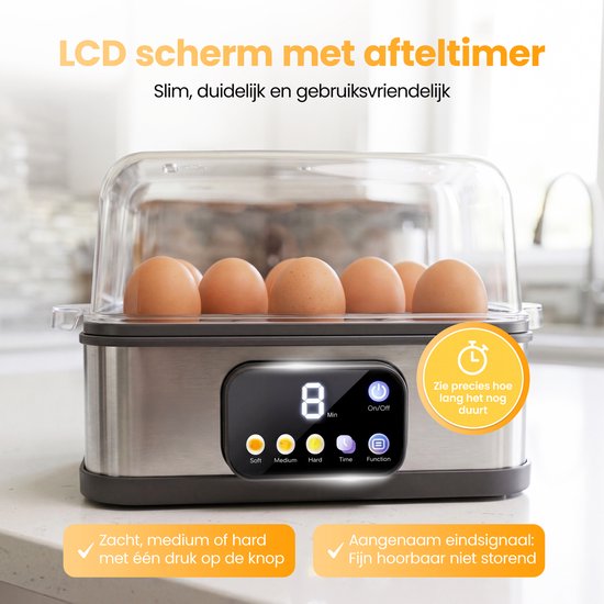 Close-up van de zilverkleurige eierkoker met transparante deksel, 7 bruine eieren en een digitaal display met timer.