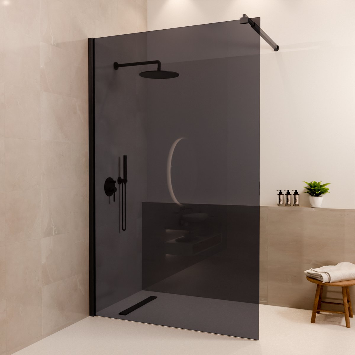 Lomazoo Douchewand Lima - 120x200 Cm - Inloopdouche Zwart - 8 Mm Rookglas - Nano Coating Anti Kalk
