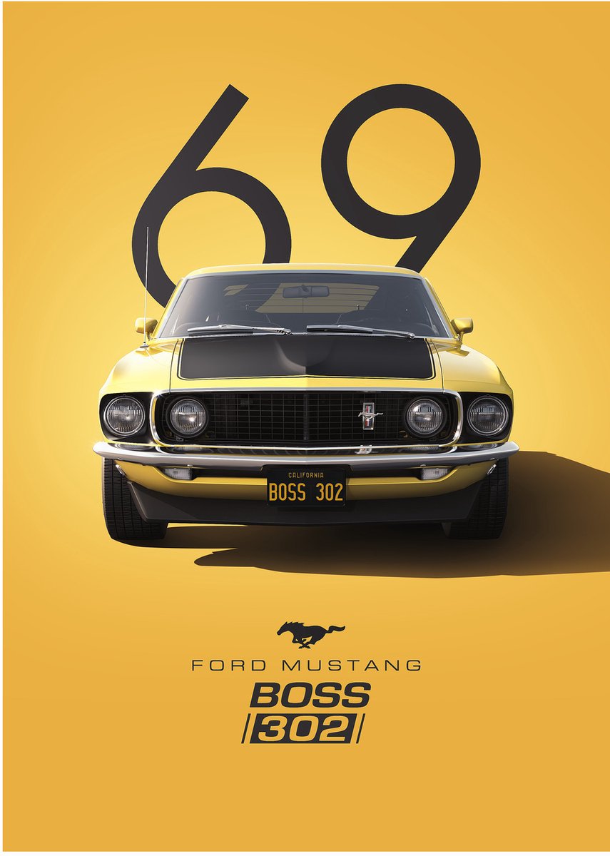 Ford Mustang Boss 302 - Dibond Wandprint - 100x140 cm - Premium Aluminium Wanddecoratie - Vintage Auto Poster - Classic Car Art