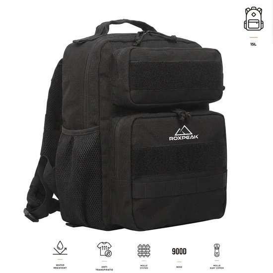 RoxPeak® Titan Gym T1 - Gym & dag Rugzak - 15 – 900D Oxford Polyester – MOLLE Systeem – Waterafstotend – Gym, dagtrip, school & woon- werk rugzak – Zwart