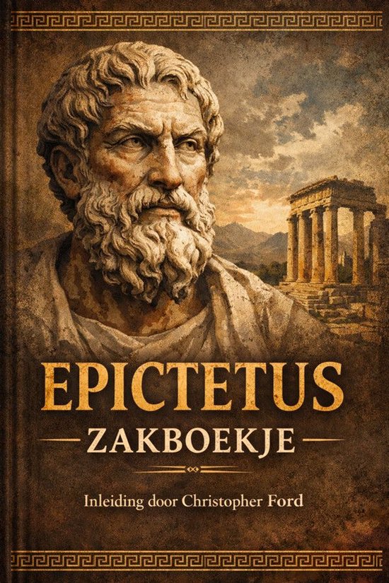 Boek 'Epictetus - Zakboekje' met een portret van Epictetus en een Griekse tempel op de achtergrond.