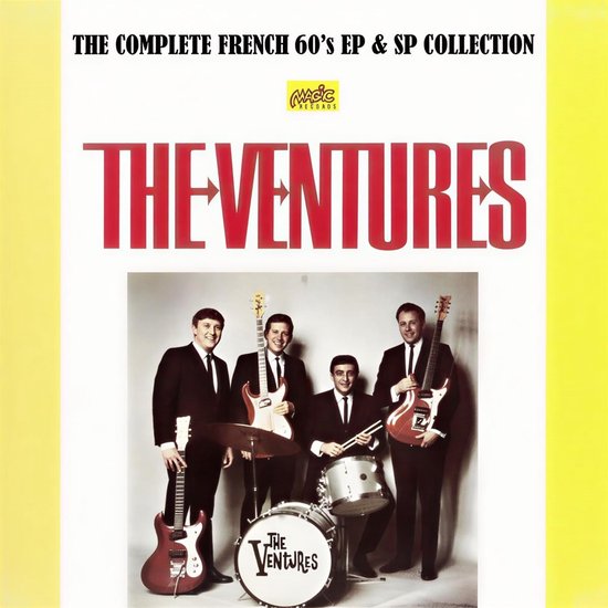 The Ventures staan op de hoes van 'The Complete French 60's EP & SP Collection'. Vier mannen in pak spelen gitaren en drums.